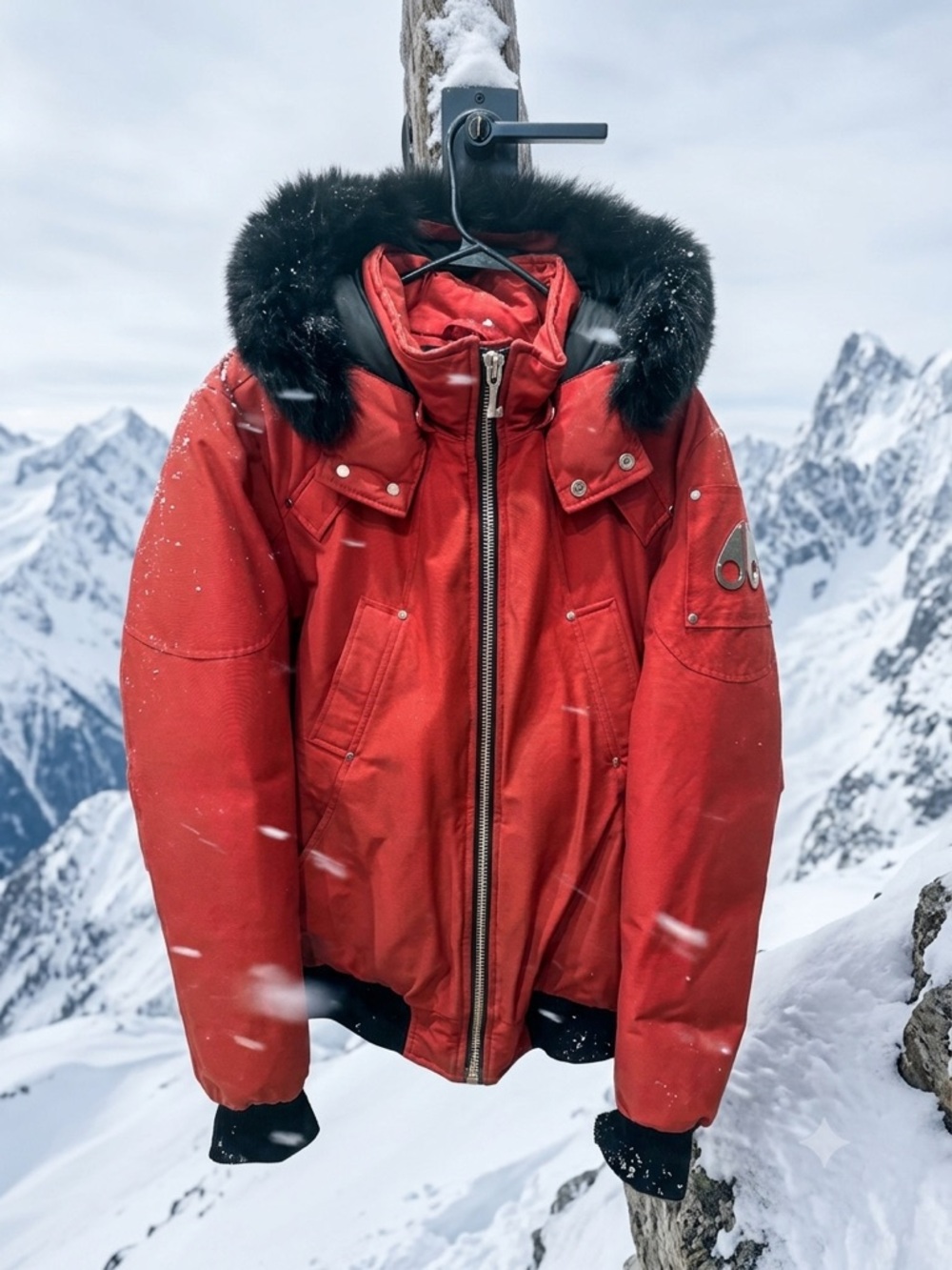 Moose Knuckles Red Bomber Jacket with Black Fur Trim